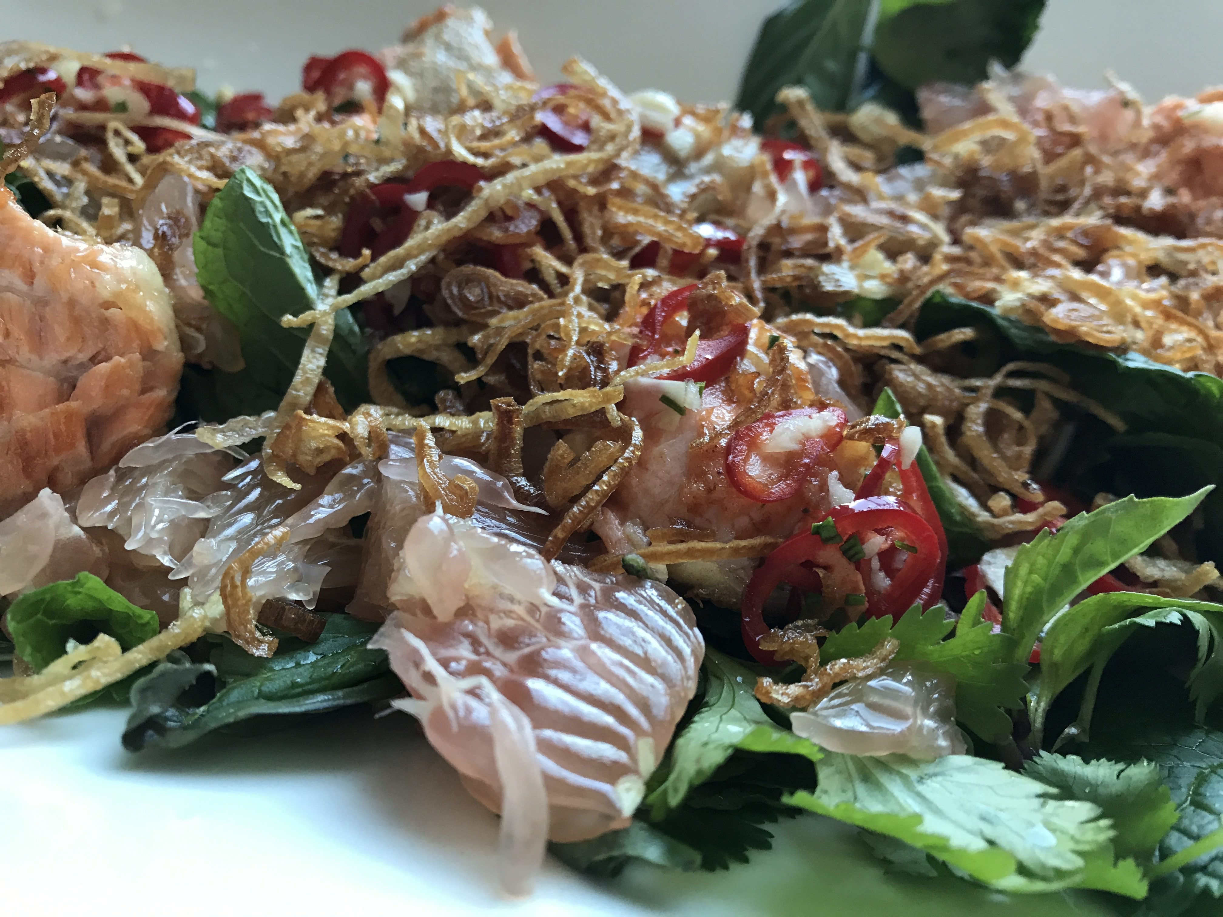 Vietnamese herb and pomelo salad with roasted salmon belly